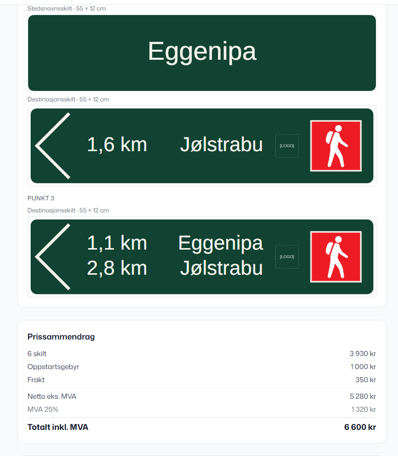 Bestillingssiden med prisoversikt